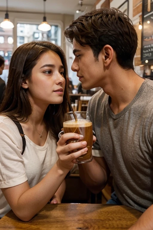 A boy drinking coffee with girl in cafe ,Both are seeing in each others eyes 