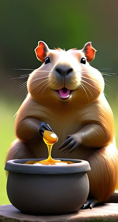 A capybara sitting eating honey from the pot