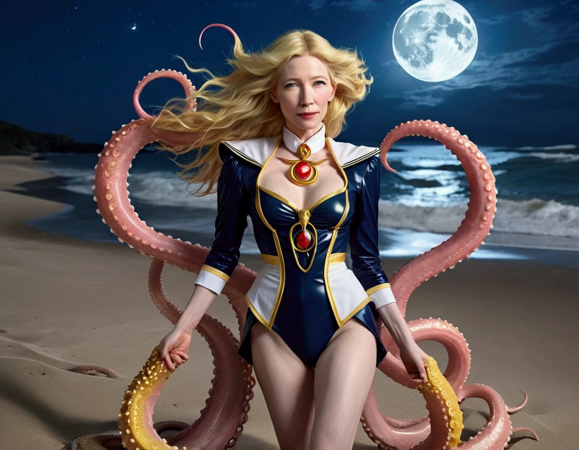 A hyper realistic Sailor Moon (portrayed by cate Blanchett, age 25, golden hair let down waist length, magical transformation to scout outfit) is on a moonlit beach, (demonic tentacle beasts erupt from the sand and sea near her, huge tentacles, slimy tentacles, fluorescent glow)