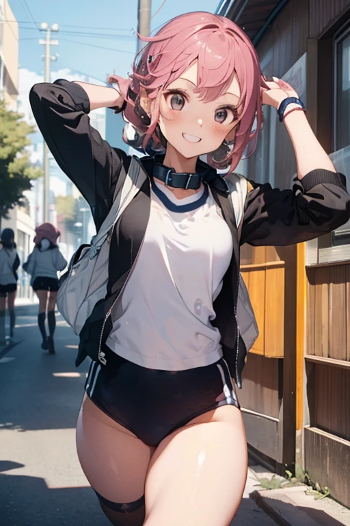 Four girls with pink hair, Long twin tail hairstyles, Small, bushy eyebrows, Wearing Gothic Lolita clothes, Lolicon (Zankuro) Drawing style by zankuro artist, Zancrow Style, Image uploaded to R34, Walk to school, Sexy smile, One Girl, , Black gym bloomers, High Leg、School Shirt, Jewel-like eyes、whole body、Blonde long hair、(Black gym bloomers)+(White blouse with collar)、Place your hands behind your back、Cowboy Shot、