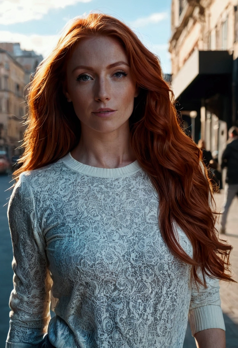 a medium shot of a charismatic young influencer girl, 30 years old, fit body, with long red hair, captured in a city, profesional cinematographic camera, capturing natural light and shadow