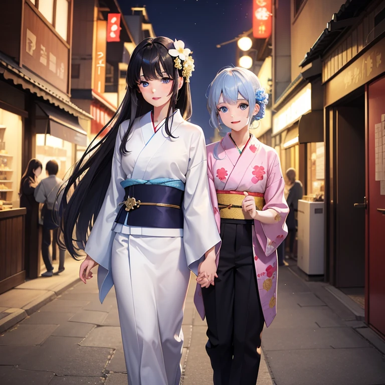 Masterpiece, best quality, One girl, One boy, wears Summer Kimono, Light-colored kimono, Blue-headed flower, Blue Eyes, girl has long Brown hair, boy has short Black hair, festival, walk in the city, firework, Smile, Night Sky, blush faces, holding hands