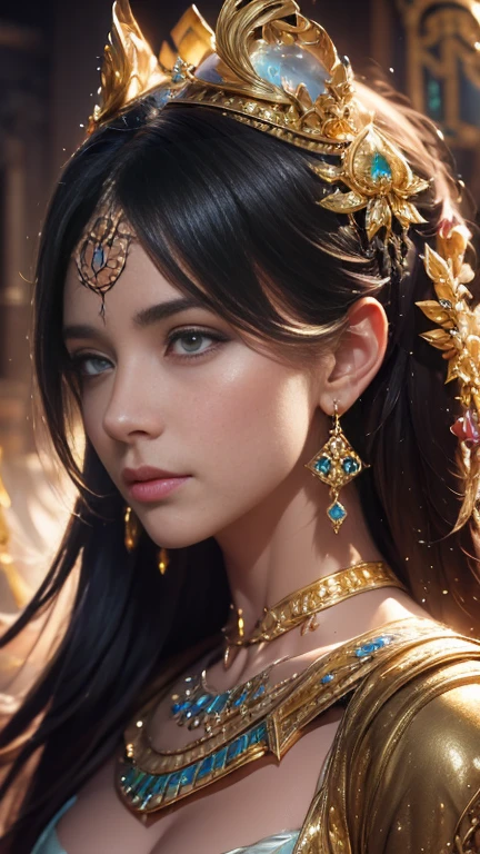 Hyper-realistic tonalism style, gouache, ink wash, opaque colors and low key lighting, Princess of Egypt profile portrait, subtle details, colourful and gold ancient Egypt jewelry , splash ink, ancient Egypt sandstone temple background, matte painting, Unreal Engine 5.