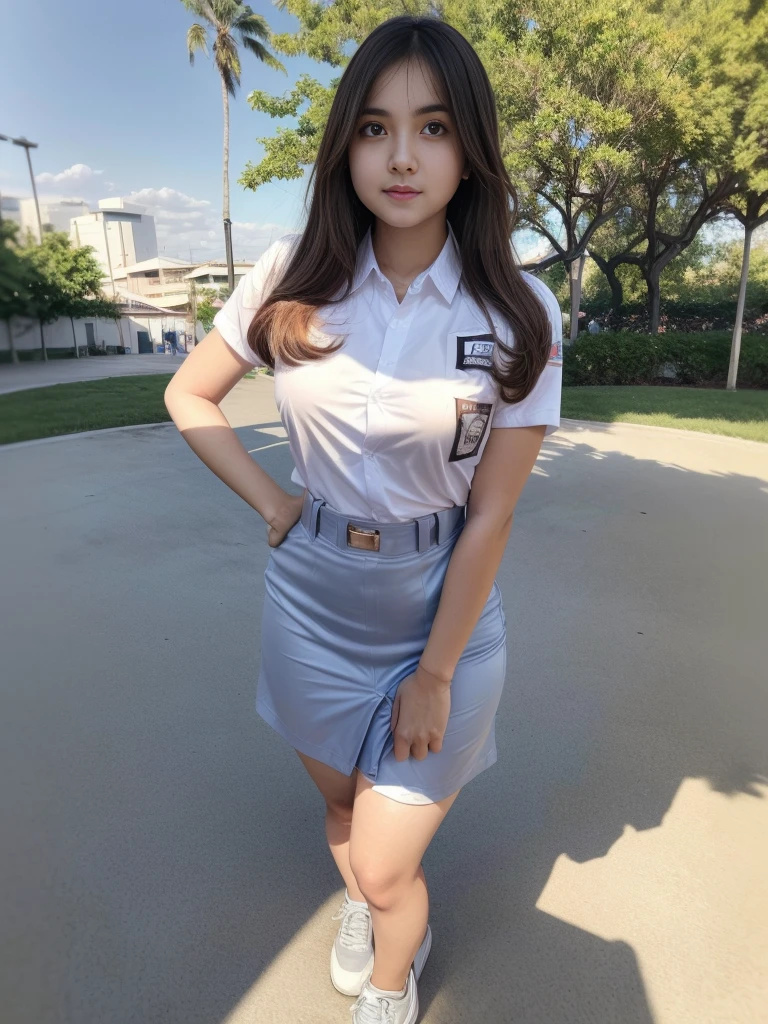 1girl, solo, (uniform), standing, outdoors, detailed face, detailed eyes, thick breasts, smooth realistic skin, tight white shirt, grey blue short skirt, looking at the audience, (ultra wide angle shot:1.4), low angle shot,(8k, RAW photo, best quality, masterpiece: 1.2), (realistic, realistic: 1.37), ultra-high resolution