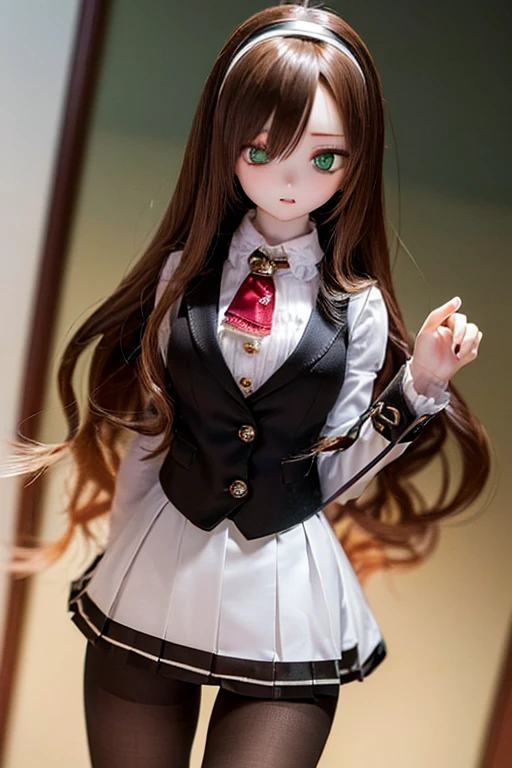 (SFW:2), photorealistic, realistic photo, 8k, ((highest quality)), ((masterpiece)), (extremely detailed), kukolnydom, doll, (mature woman, 22yo, 22 years old, solo:1.6), ((cowboy shot, standing, slim, slender, skinny, medium breasts, hairband, ascot, vest, blouse, long puff sleeves, pleated skirt, black pantyhose)), (green eyes, brown hair, long hair, plastic skin, looking at another, glass eyes, gradient eyes, shining eyes, detailed eyes:1.3)