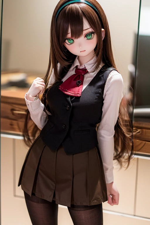 (SFW:2), photorealistic, realistic photo, 8k, ((highest quality)), ((masterpiece)), (extremely detailed), kukolnydom, doll, (mature woman, 22yo, 22 years old, solo:1.6), ((cowboy shot, standing, slim, slender, skinny, medium breasts, hairband, ascot, vest, blouse, long puff sleeves, pleated skirt, black pantyhose)), (green eyes, brown hair, long hair, plastic skin, looking at another, glass eyes, gradient eyes, shining eyes, detailed eyes:1.3)