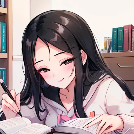 Girl, large forehead, black hair, smiling, black eyes, half-closed eyes, seductive, pencil, book, cheeky, sex, Doggystyle, dick inside, fucking while studying, studying, books, pencil, sultry, hot