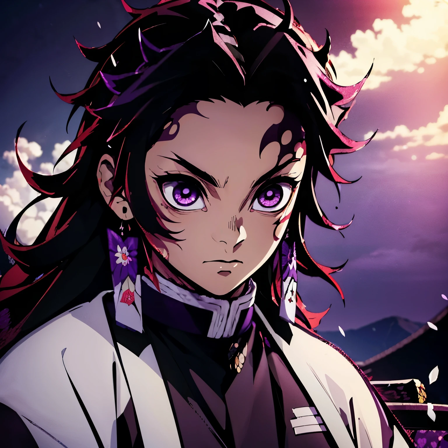 (best quality, super detailed, realistic: 1.37), high resolution (4k, 8k), portrait, Demon Slayer character, black hair, long hair, purple eyes, slight smile, white skin, youthful, attractive, ************, typical Kimetsu no Yaiba style, light purple color in the night, detailed facial features, katana, dramatic lighting, fluttering cape, iconic demon slayer uniform, intricate pattern, purple butterfly background