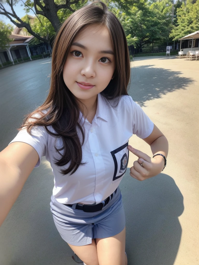 1girl, solo, (uniform), standing, outdoors, detailed face, detailed eyes, thick breasts, smooth realistic skin, tight white shirt, grey blue short skirt, looking at the audience, (ultra wide angle shot:1.4), low angle shot,(8k, RAW photo, best quality, masterpiece: 1.2), (realistic, realistic: 1.37), ultra-high resolution