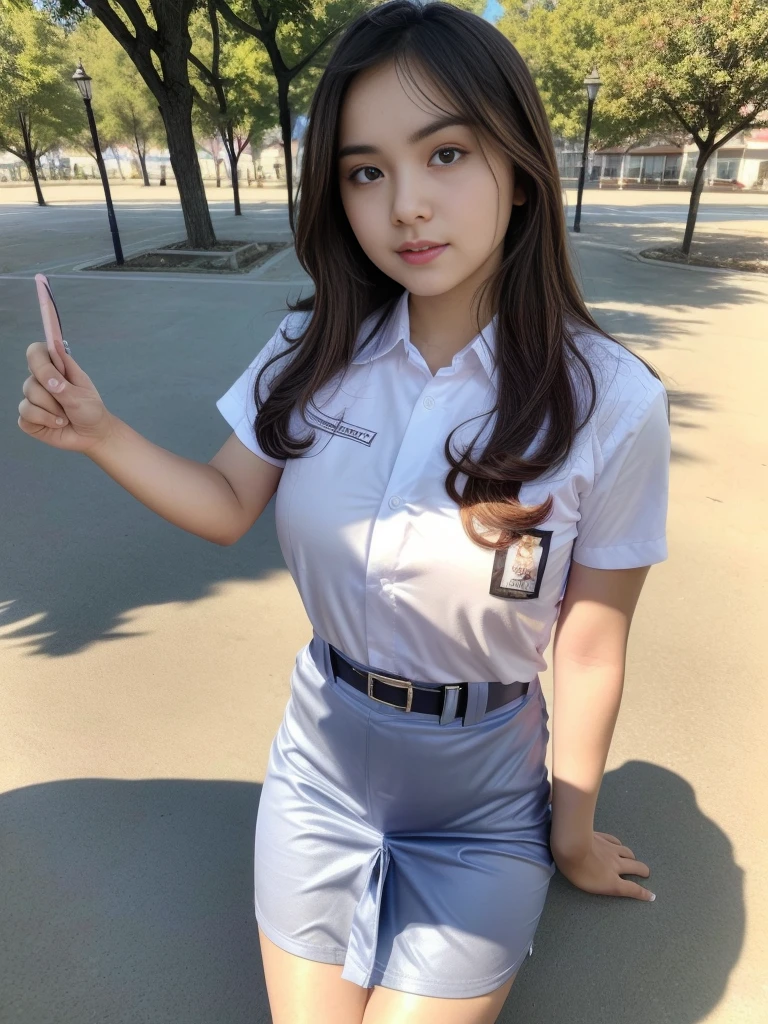 1girl, solo, (uniform), standing, outdoors, detailed face, detailed eyes, thick breasts, smooth realistic skin, tight white shirt, grey blue short skirt, looking at the audience, (ultra wide angle shot:1.4), low angle shot,(8k, RAW photo, best quality, masterpiece: 1.2), (realistic, realistic: 1.37), ultra-high resolution