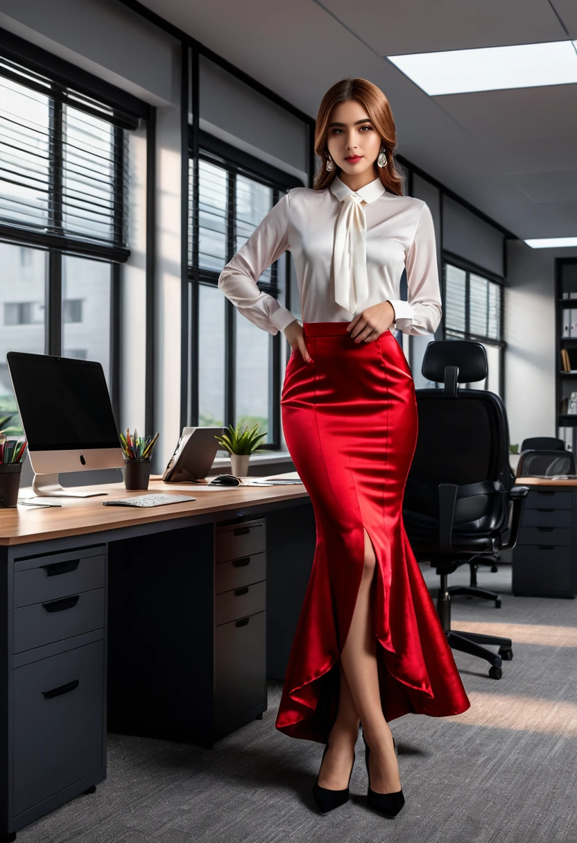 nsfw,(8k, best quality, masterpiece, ultra highres:1.2), 1 girl , beautiful 22 year old woman,(secretary, shirt,skirt:1.3), a woman in the mermaid long train skirt,wear blazer, wear modern hijab, full body, satin blouse, red satin mermaid tight long dress, flowy dramatic long dress, office, (photorealistic:1.4), small breasts ,official art, extremely detailed CG unity 8k wallpaper, ultra high res, professional photography,