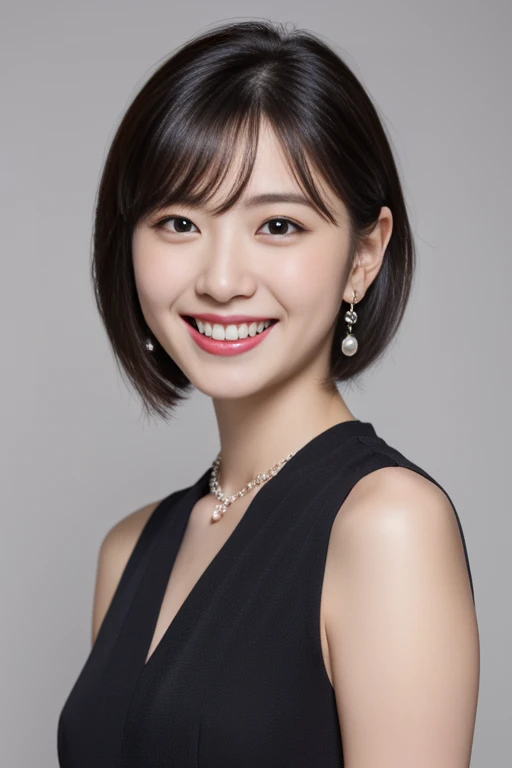 highest quality, masterpiece, ultra high resolution, (realistic:1.4),very detailed,professional lighting smile,black hair、toothy smile、black hair、ear piercing、necklace around neck、hairstyle short cut、mouth open