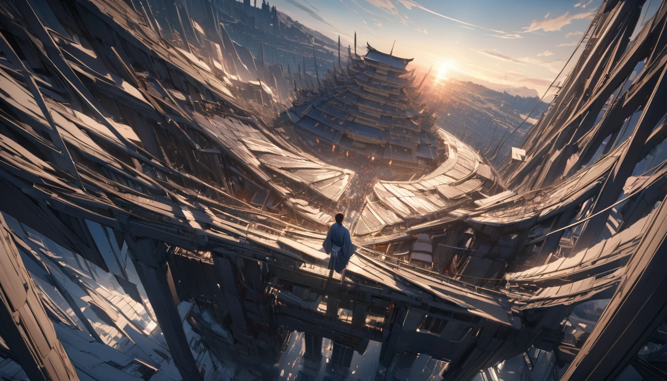 a man wearing a traditional Japanese kimono, cowboy shot, from above, wide shot, absurdres, ultra detailed, vfx, blue hour, dramatic lighting, framing composition