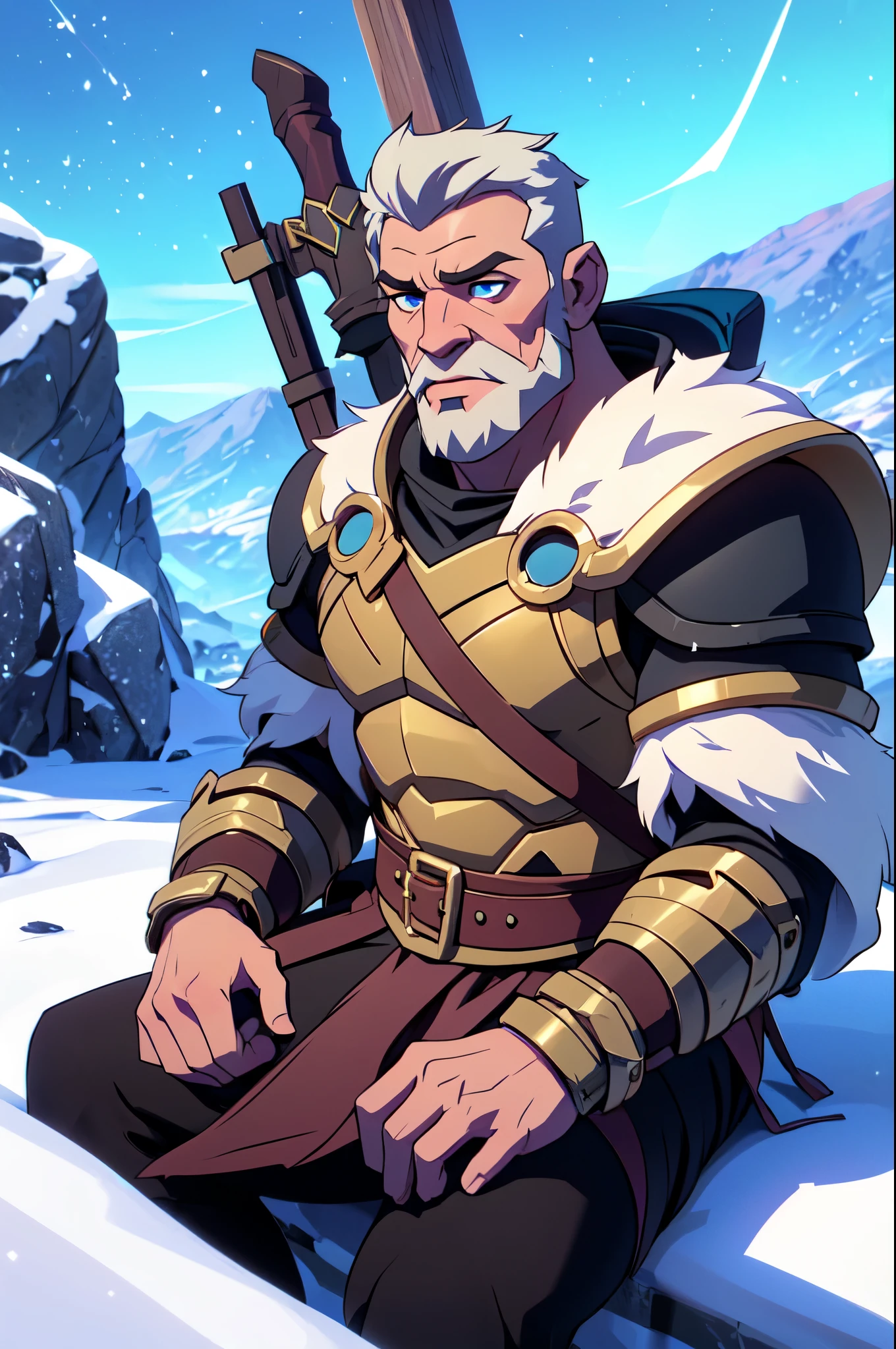 (ragnarok fortnite character), man, sitting on a rock, armor, blue Beard, snowy landscape with ice crystals. (best quality, 4k, 8k, high resolution, masterpiece: 1.2), Ultra detailed) Very detailed face, detailed facial features