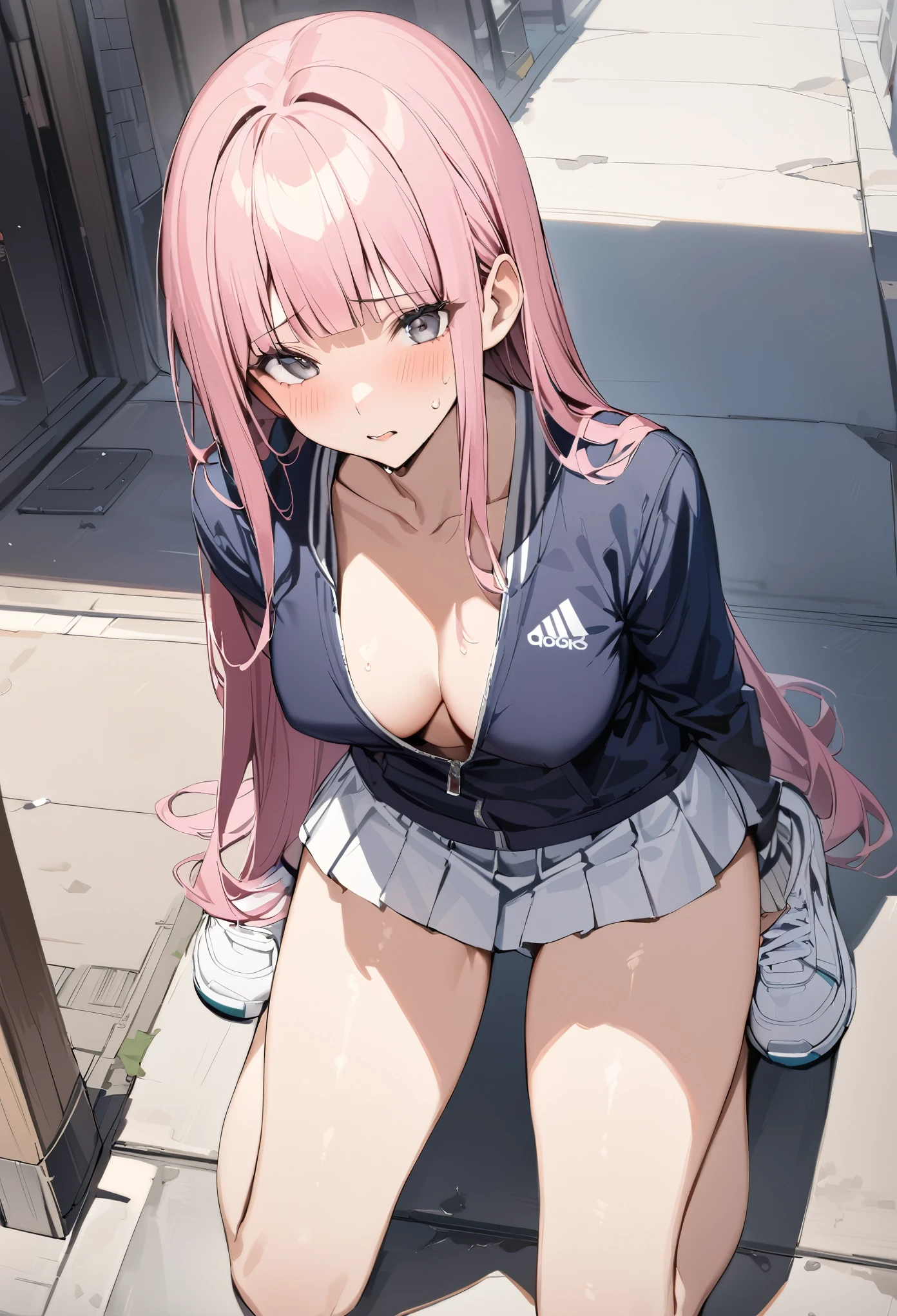 ((masterpiece,Highest quality:1.3,best quality illustration)),cowboy shot,独奏,1woman,(Mature Beauty),pink hair,long hair,bangs,gray eyes,(gorgeous eyes),((very small head)),shy,((very long body,skinny)),medium breasts,((Navy blue baseball jacket、White pleated mini skirt)),navy blue sports socks、White sneakers、gleaming skin,oily skin,slender body,kneeling,on street,New York City、nsfw,