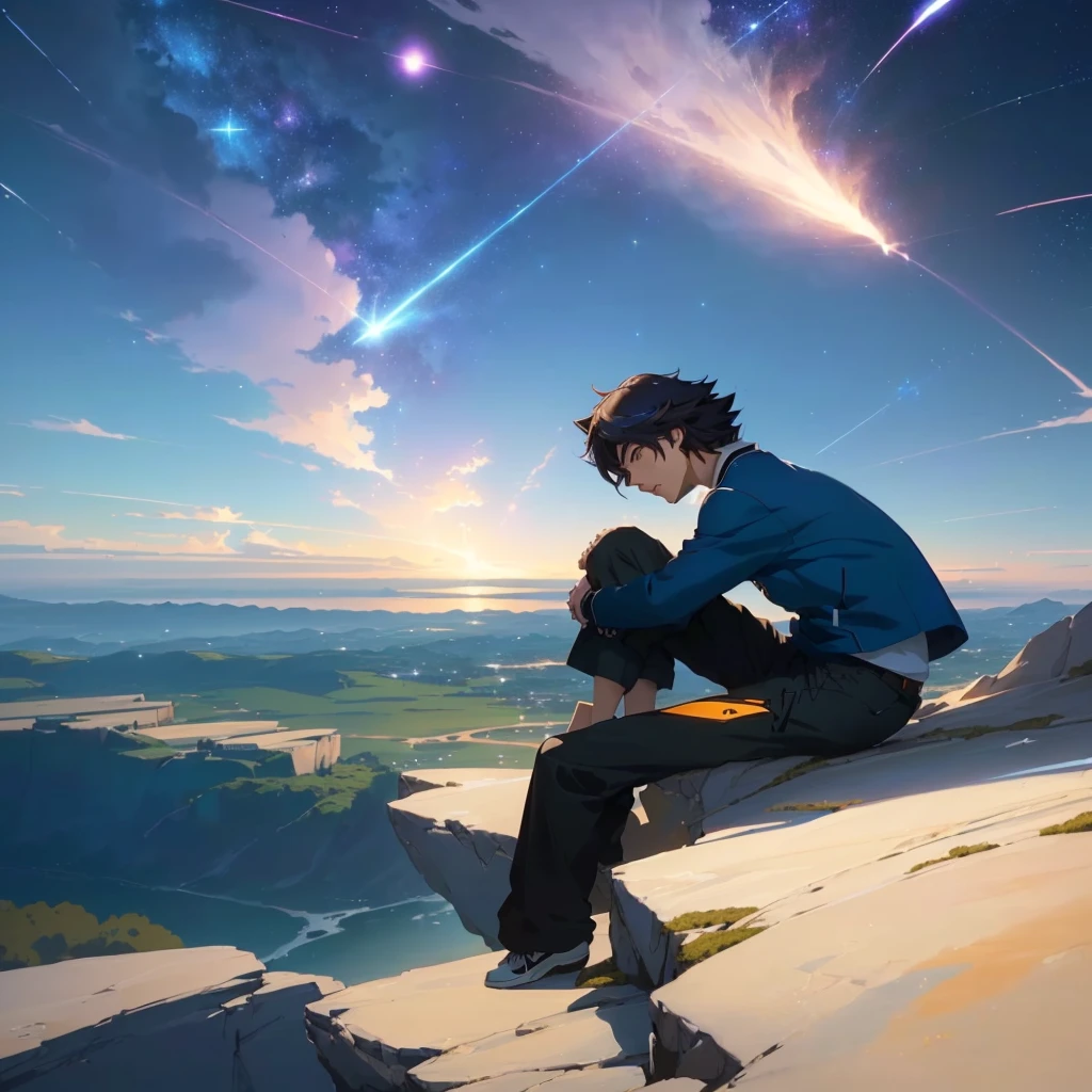 Anime boy sitting on a rock looking at the stars, Shinkai Makoto cyril rolando, greg rutkowski Shinkai Makoto, ross tran and Shinkai Makoto, Universe sky. by Shinkai Makoto, ( ( Shinkai Makoto ) ), Shinkai Makoto!, guweiz and Shinkai Makoto, Shinkai Makoto and bioware