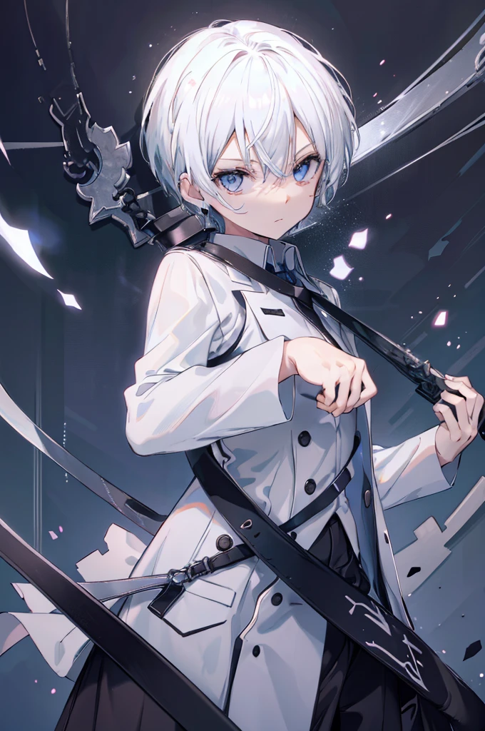 1 boy, white hair, short hair, diamond eye colors, glowing eyes, white shirt, holding blue chain with two hands, emotionless facial expression, evil face, face to detail, detailed eyes,Pose with movement one person Decisive pose coat masterpiece Highest image quality noise removal clear parts cinematic shadow Increased attractiveness of the eyes clear parts the shine of the eyes Draw eyelashes neatly perfect eyes detailed eyes Sharpen image quality Sharpen eye writing clear parts eye shape in background show a grand mansion with full moon fully dressed