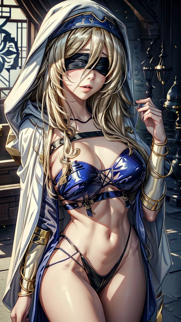 (masterpiece、Highest quality、Best Quality、Official Art、Beautiful and aesthetic:1.2)、whole body、Female 1 person、Shrine maiden、Long light blonde hair、Disheveled Hair、(Wearing a black blindfold:1.3)、Large Breasts、Cleavage、(A skimpy white robe、Gold border)、(White hood:1.2)、Very detailed、colorful、Perfect Face、Upper Body、HDR、(Streaks of Light)、Impressive visuals、Bright colors、Temple Background