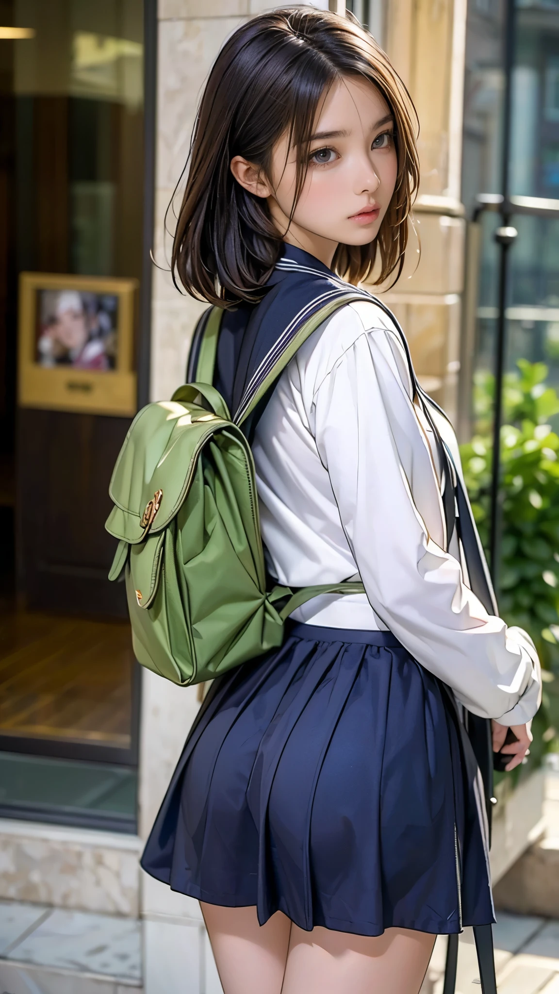 (((Accidental exposure, -yeld gi Sailor suit, rucksack, Skirt caught in bag:1.3, I flipped up my skirt, Beautiful ass, Very small ass:1.4, panties))), (masterpiece:1.3), (8k, Realistic, RAW Photos, Highest quality: 1.4), Japan , (1 girl), Beautiful Face, (Realistic face), (Black Hair, short hair:1.3), Beautiful hairstyle, Realistic eyes, Beautiful Eyes, Beautiful Eyes, (Realistic skin), Beautiful Skin, Long legs, charm, Ultra-high resolution, Golden Ratio