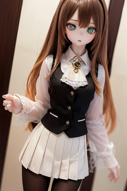 (SFW:2), photorealistic, realistic photo, 8k, ((highest quality)), ((masterpiece)), (extremely detailed), kukolnydom, doll, (mature woman, 22yo, 22 years old, solo:1.6), ((cowboy shot, standing, slim, slender, skinny, medium breasts, hairband, ascot, vest, blouse, long puff sleeves, pleated skirt, black pantyhose)), (green eyes, brown hair, long hair, plastic skin, looking at another, glass eyes, gradient eyes, shining eyes, detailed eyes:1.3)