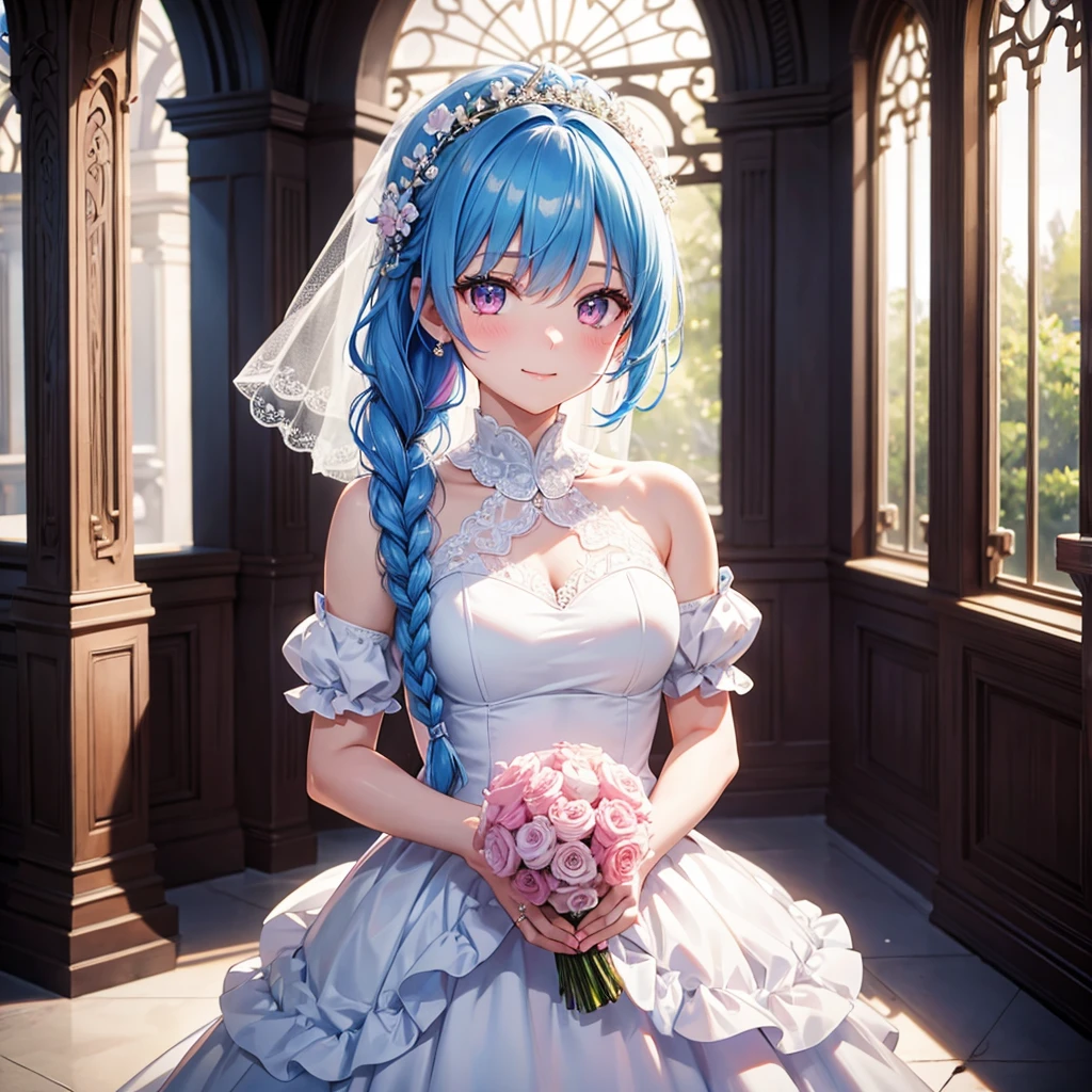 Sky Blue Medium Hair, (Braided Hair),(Pink Eyes),Fair skin ,(whole body),(1 girl),bride,smile、Straight bangs, 6月のbride,Wedding dress,(masterpiece, Highest quality, Very detailed, Best Shadow), (Detailed Background), (Beautifully detailed face), High Contrast, (Best lighting, Very delicate and beautiful), ((Cinematic Light)), colorful, Hyper Detail, Dramatic Light, Intricate details,Wedding hall,