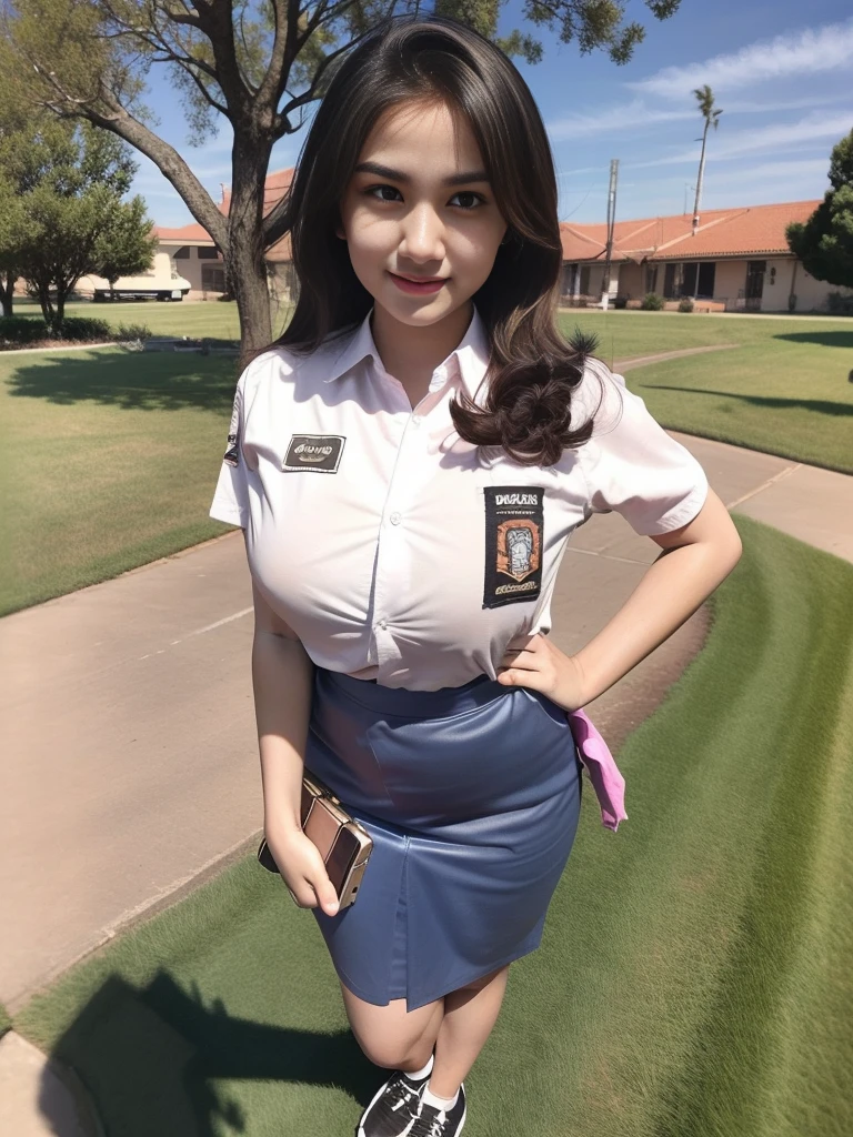 1girl, (uniform), standing, outdoors, detailed face, detailed eyes, huge breasts, shiny skin, short skirt, looking at the audience, (ultra wide angle shot: 1.4), (8k, RAW photo, best quality, masterpiece: 1.2), (realistic, realistic: 1.37), ultra-high resolution
