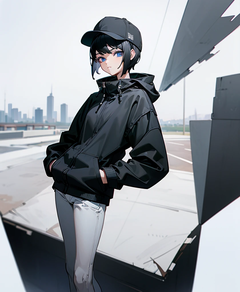 (((masterpiece, figure, Highest quality))), One girl, alone, blue eyes, ((Highly detailed eyes)), View, ((short hair)), ((Black Hair)), Are standing, ((Baseball cap)), White Hat, Black jacket, (Closed Sweater), ((landscape:White Background)), Black socks, ((Black Shirt)), Perfect body, Upper Body Shot, (Mouth closed), , ((Put your hands in your pockets)), Waterproof jacket, White Skirt, Hooded jacket, 