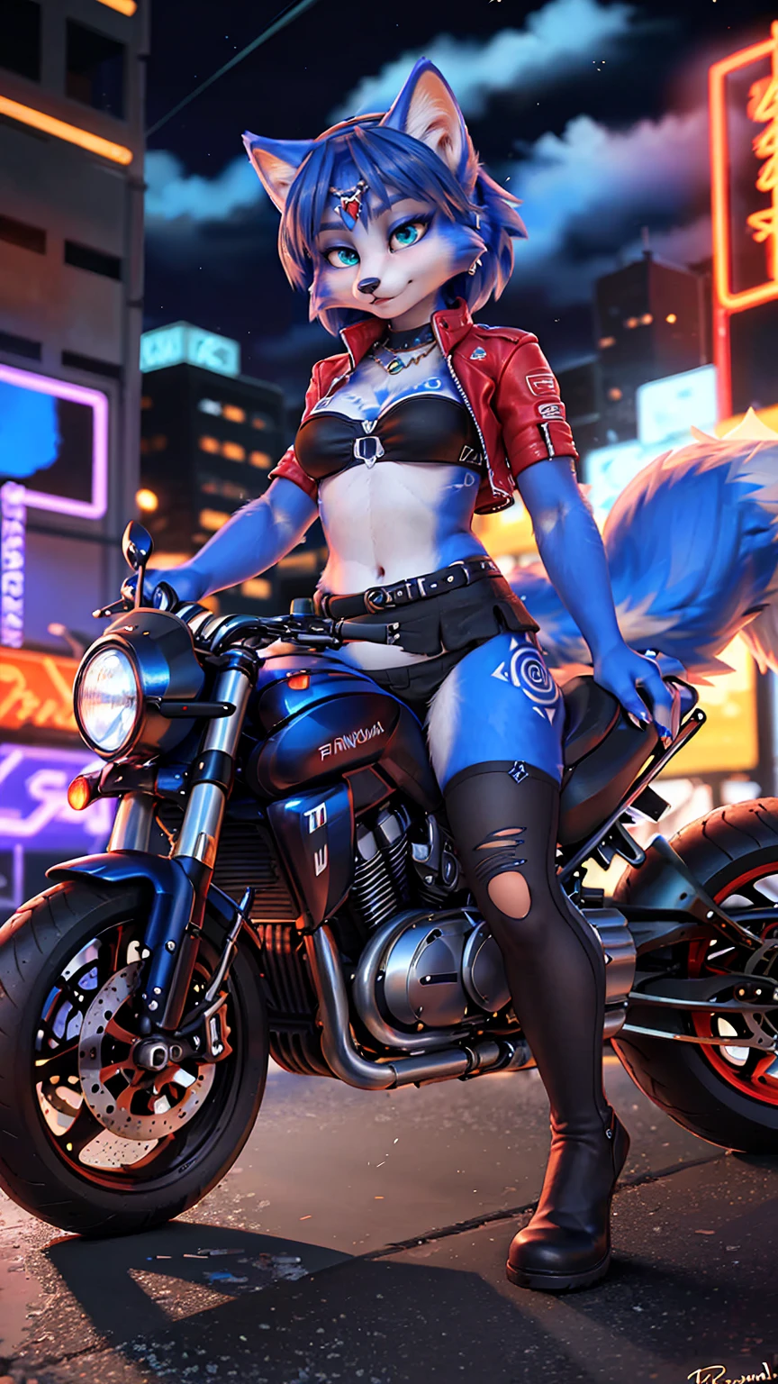 A beautiful and detailed (sweet picture) of ((Krystal)), Star Fox Krystal,  green eyes, medium breasts, (((Long blue hair 1.3))),  anthro, furry, (of Fluff-Kevlar, Bayard Wu, Personalami, Pino Daeni),  detailed fluffy fur, detailed face, (fluffy), 1 girl, alone, hair cover one eye:1.4, dynamic angle, (adult), ((scowl look)), ((motorcycling, motorcycling)), ((Biker jacket, Black Bandeau, short sleeves)), ((((Black miniskirt)))), ((Fingerless Gloves)), ((Torn stockings)), ((red belts)), (natta, abandoned property in the background, Construction site, neon lights)