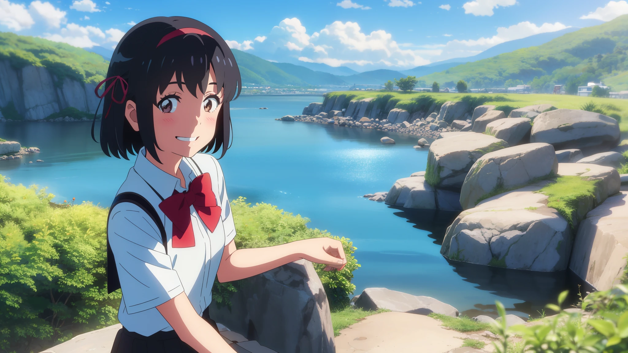 shinkai makoto, kimi no na wa., 1girl, bangs, black hair, blush, expressive eyes, brown eyes, perfect face, looking at the viewer, school outfit, white collared shirt, red headband, red ribbon, red bow, short sleeves, black skirt, short hair, solo, outdoors, shinny skin, smile, cute, grin, cloudy, blue sky, mountains, rocks, sitting, (masterpiece), best quality