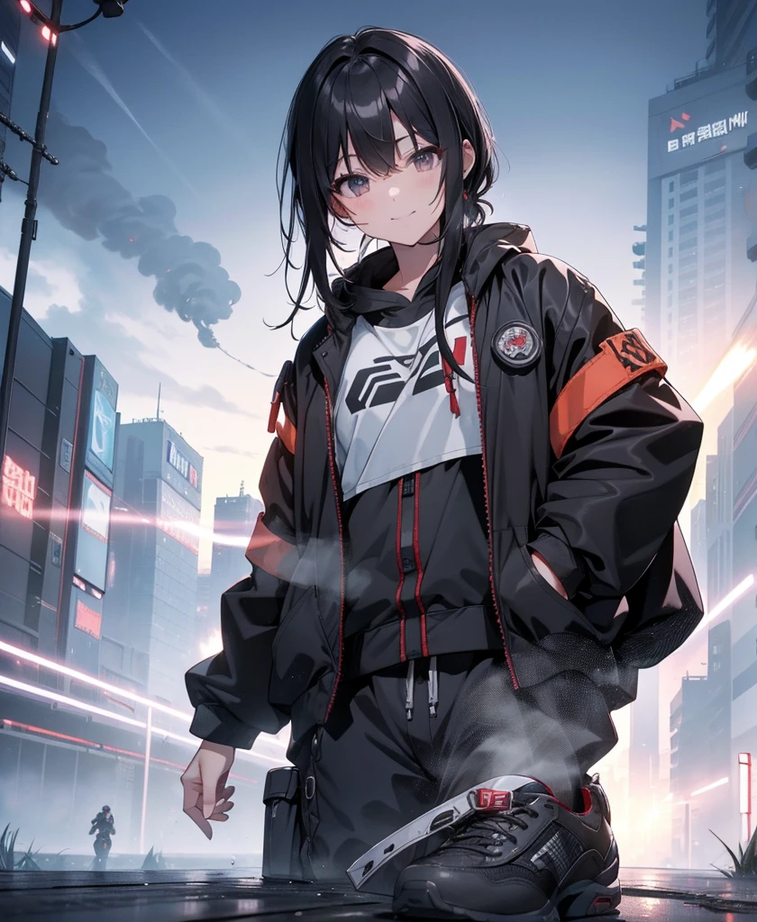 dance、Artistic jump、break dance、Intense movement、dynamism、Cyberpunk Style、Blade Runner atmosphere、Steam is coming out of the exhaust port on the road surface、The road is wet、solo、Fluttering Hair、cute、Beautiful woman、Small Face、White skin、Abdominal muscles、17 years old、Bright smile、Mouth half open、White teeth are visible、(Gradient color of black red hair、Disheveled long hair)、(Cargo pants with line、sporty、White sneakers)、(Delicate and fine fingers、Detailed body、Detailed Weapons、Human hand)、(Detailed face) 、(In 8K、Highest quality: 1.4、masterpiece、 Ultra-high resolution、 Highest Resolution,、Very detailed、 Professional Lighting、 Gray Light Lighting、Low angle from below、Blowing steam into the landscape、Fog in the landscape、Foggy、