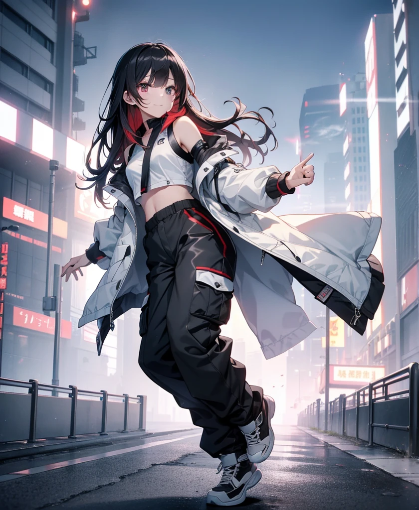 dance、Artistic jump、break dance、Intense movement、dynamism、Cyberpunk Style、Blade Runner atmosphere、Steam is coming out of the exhaust port on the road surface、The road is wet、solo、Fluttering Hair、cute、Beautiful woman、Small Face、White skin、Abdominal muscles、17 years old、Bright smile、Mouth half open、White teeth are visible、(Gradient color of black red hair、Disheveled long hair)、(Cargo pants with line、sporty、White sneakers)、(Delicate and fine fingers、Detailed body、Detailed Weapons、Human hand)、(Detailed face) 、(In 8K、Highest quality: 1.4、masterpiece、 Ultra-high resolution、 Highest Resolution,、Very detailed、 Professional Lighting、 Gray Light Lighting、Low angle from below、Blowing steam into the landscape、Fog in the landscape、Foggy、
