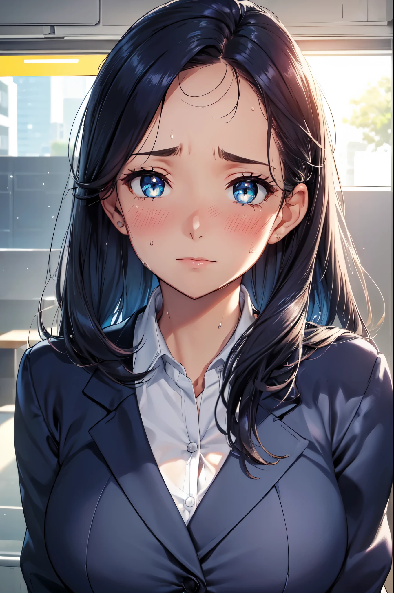 (High quality, High resolution, Fine details), Office street, office lady, Navy blue suit, solo, curvy adult women, messy hair, sparkling eyes, (Detailed eyes:1.2), stressed expression, blush, (sweating profusely:1.2), (perspiration on forehead and skin:1.2), Snapshot, vivid colors, Strong sunlight, shallow depth of field