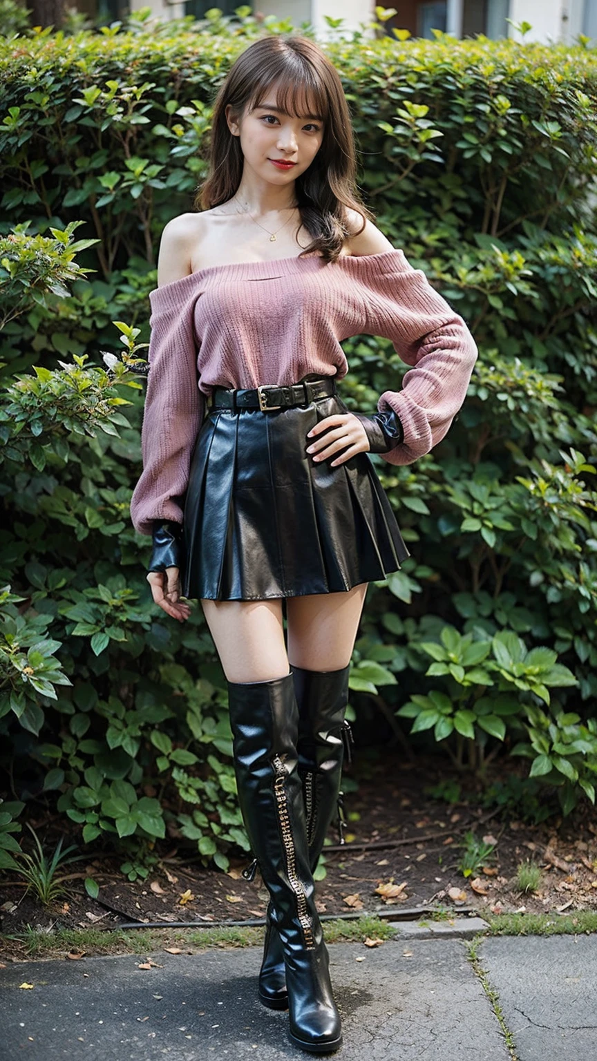 (8k、RAW Photos、Highest quality、masterpiece:1.2)、(Realistic、Realistic)、1 Girl、((mini skirt、pink and black dress、Off the shoulder、boots、garden、View from the front、Looking at the camera、belt、Hands on your hips))、cute
