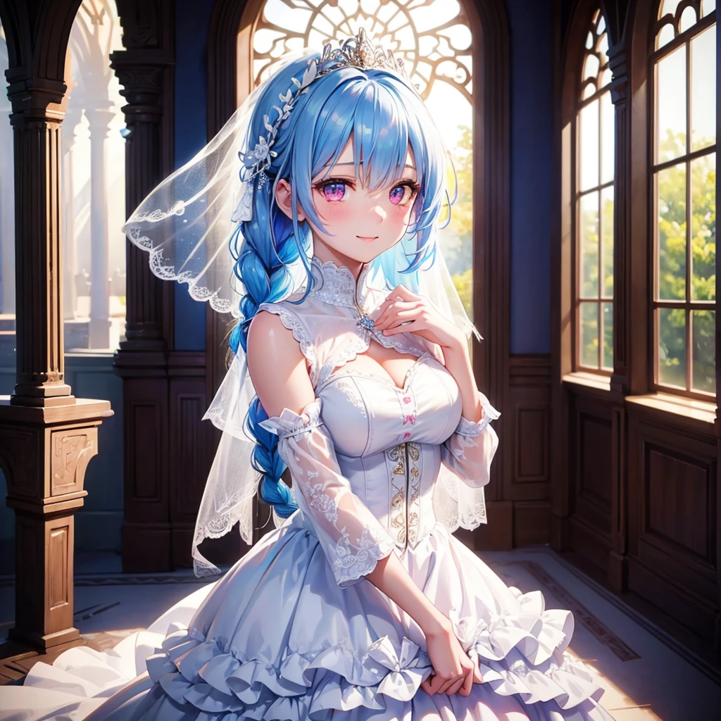 Sky Blue Medium Hair, (Braided Hair),(Pink Eyes),Fair skin ,(whole body),(1 girl),bride,smile、Straight bangs, 6月のbride,Wedding dress,(masterpiece, Highest quality, Very detailed, Best Shadow), (Detailed Background), (Beautifully detailed face), High Contrast, (Best lighting, Very delicate and beautiful), ((Cinematic Light)), colorful, Hyper Detail, Dramatic Light, Intricate details,Wedding hall,