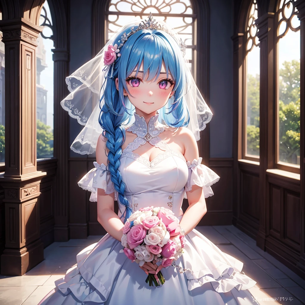 Sky Blue Medium Hair, (Braided Hair),(Pink Eyes),Fair skin ,(whole body),(1 girl),bride,smile、Straight bangs, 6月のbride,Wedding dress,(masterpiece, Highest quality, Very detailed, Best Shadow), (Detailed Background), (Beautifully detailed face), High Contrast, (Best lighting, Very delicate and beautiful), ((Cinematic Light)), colorful, Hyper Detail, Dramatic Light, Intricate details,Wedding hall,