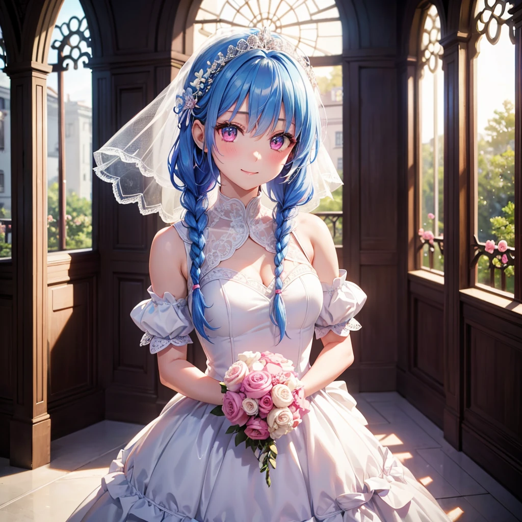 Sky Blue Medium Hair, (Braided Hair),(Pink Eyes),Fair skin ,(whole body),(1 girl),bride,smile、Straight bangs, 6月のbride,Wedding dress,(masterpiece, Highest quality, Very detailed, Best Shadow), (Detailed Background), (Beautifully detailed face), High Contrast, (Best lighting, Very delicate and beautiful), ((Cinematic Light)), colorful, Hyper Detail, Dramatic Light, Intricate details,Wedding hall,