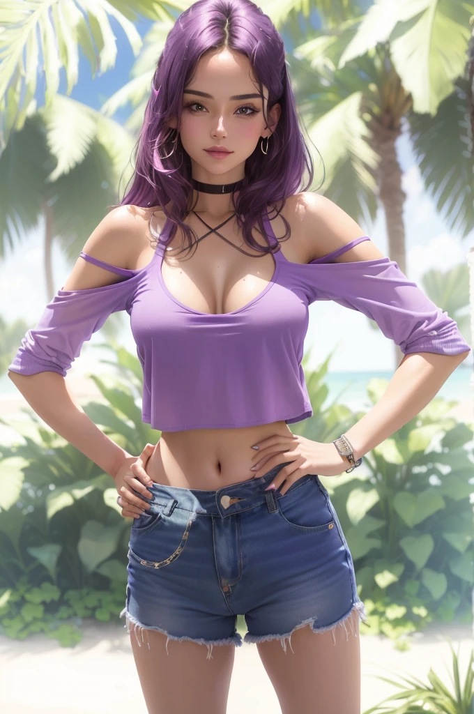 a close up of a woman in a purple shirt and blue shorts, daisy dukes, exposed midriff, her belly button is exposed, 90's color photo, halter-top, exposed waist, wearing a sexy cropped top, bare midriff, wearing a blouse, looking hot, 90s photo, halter top