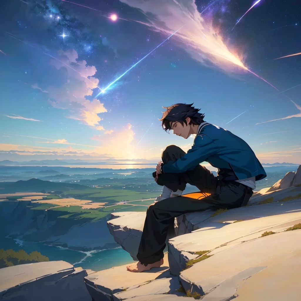 Anime boy sitting on a rock looking at the stars, Shinkai Makoto cyril rolando, greg rutkowski Shinkai Makoto, ross tran and Shinkai Makoto, Universe sky. by Shinkai Makoto, ( ( Shinkai Makoto ) ), Shinkai Makoto!, guweiz and Shinkai Makoto, Shinkai Makoto and bioware