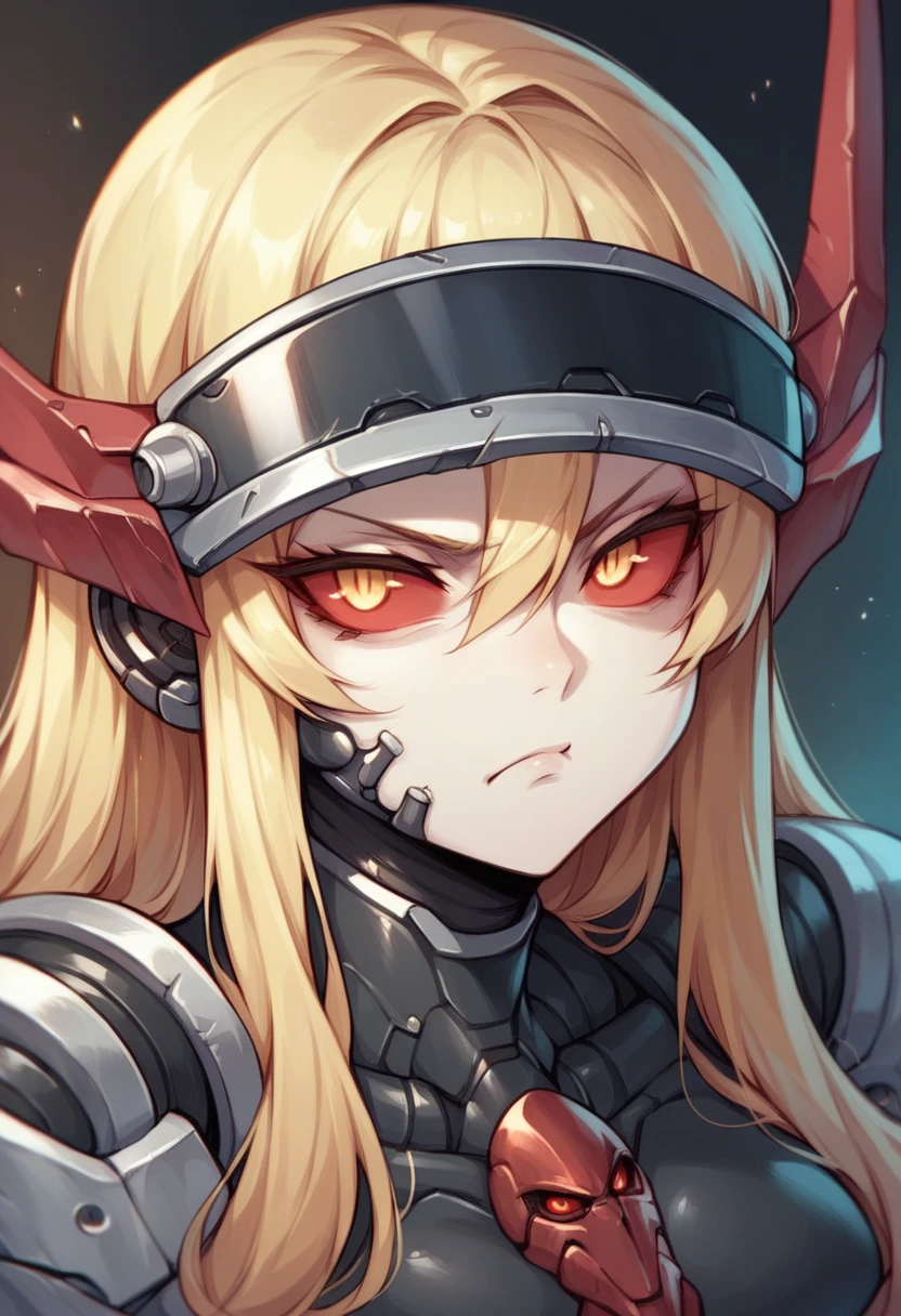 Anime mercenary  girl, cyborg, pale skin, blonde eyes, veins in face, metalic visor eyes, red sclera, serious face, dark merc clothes, sexy german