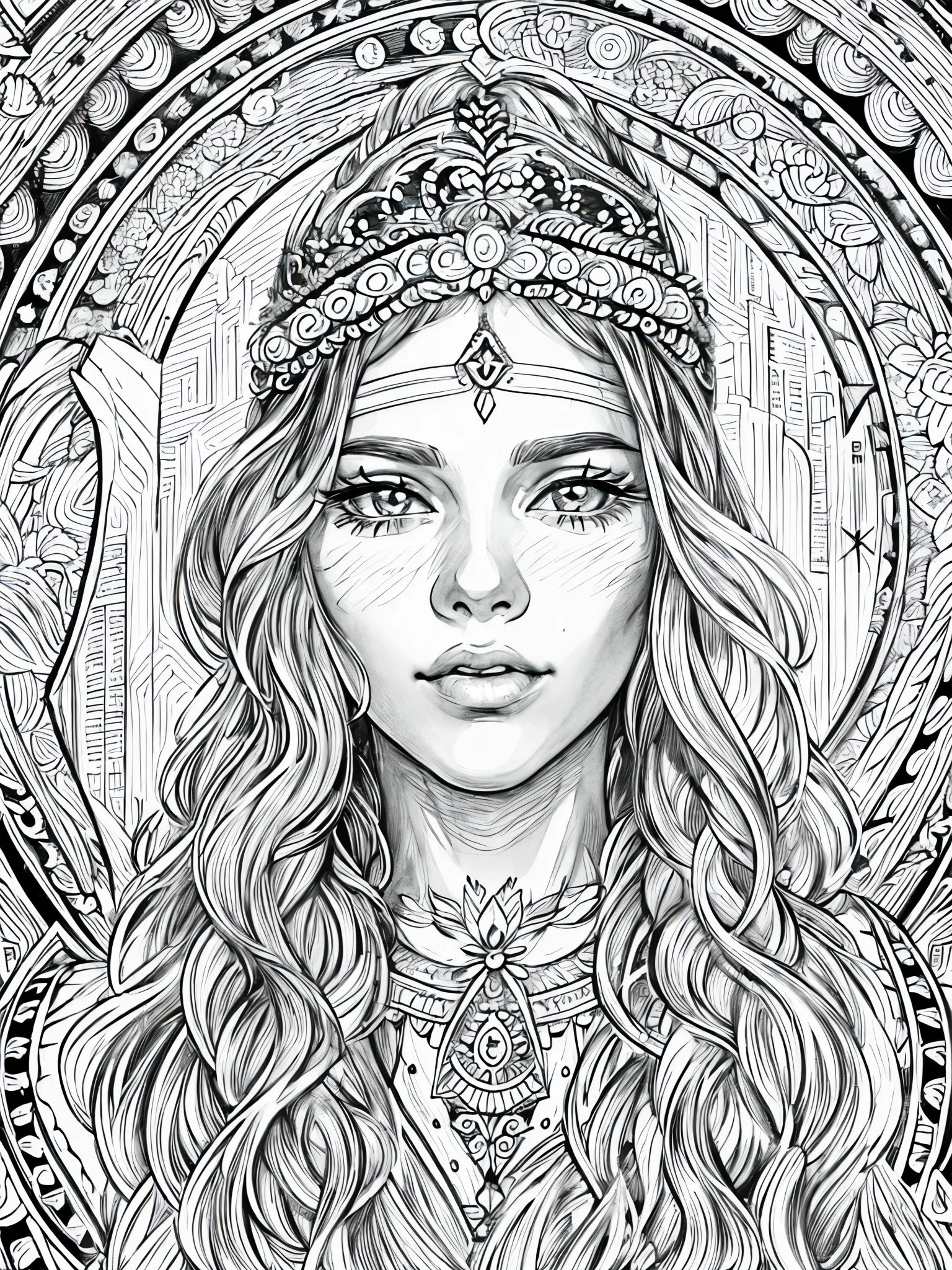 (Black and white coloring book:1.5), line drawings, masterpiece, best quality, ultra-detailed, high resolution, Very detailed face, (Eyes clear and distinct lines), Hair is white color, Upper body shot, A woman in a free-spirited bohemian style maxi dress, Hyper detailed crisp black line draw, ((simple white color)), Fibonacci