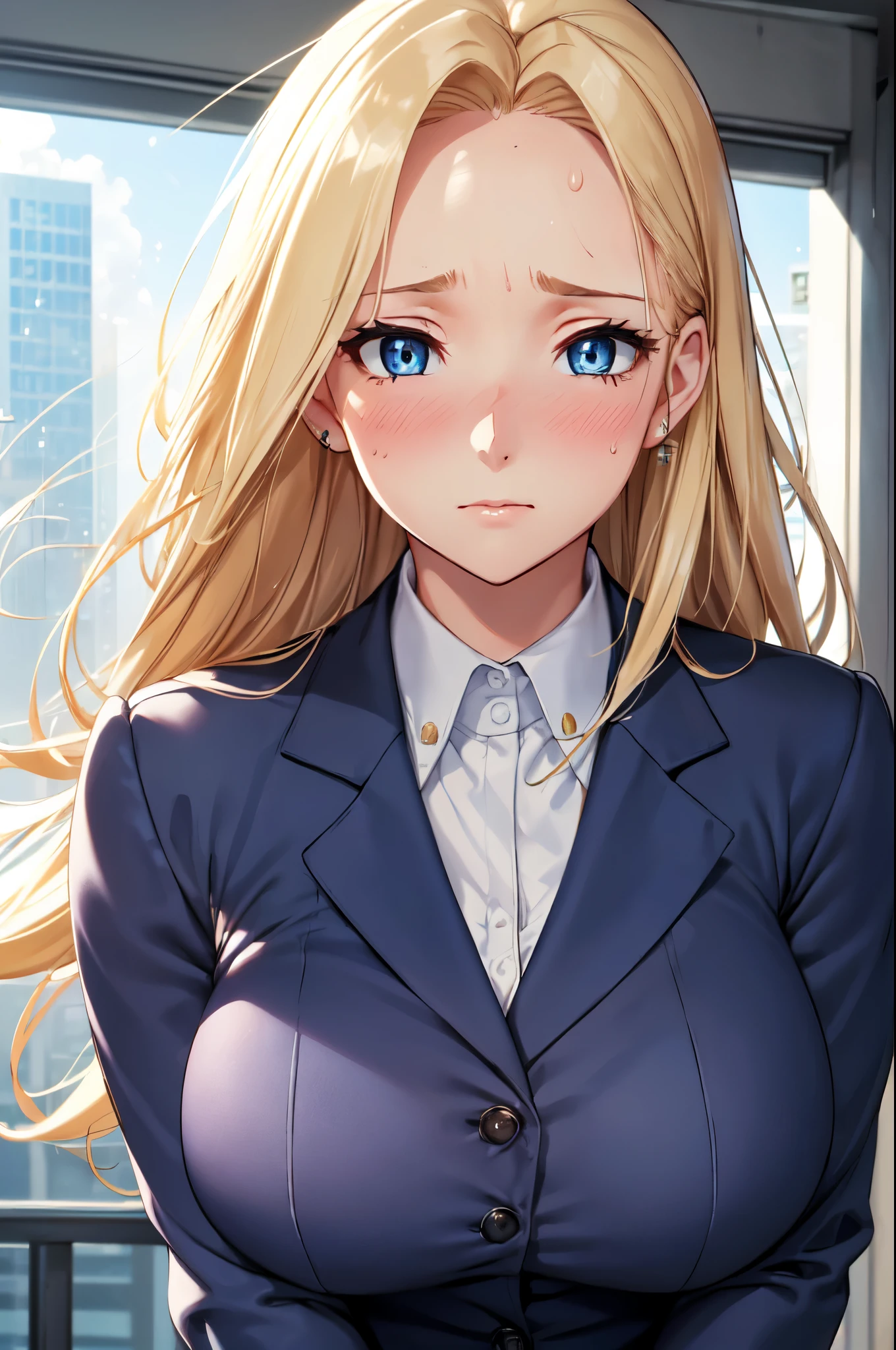 (High quality, High resolution, Fine details), Office street, office lady, Navy blue suit, solo, curvy adult women, blonde hair, messy hair, sparkling eyes, (Detailed eyes:1.2), stressed expression, blush, (sweating profusely:1.2), (perspiration on forehead and skin:1.2), Snapshot, vivid colors, (Strong sunlight), shallow depth of field