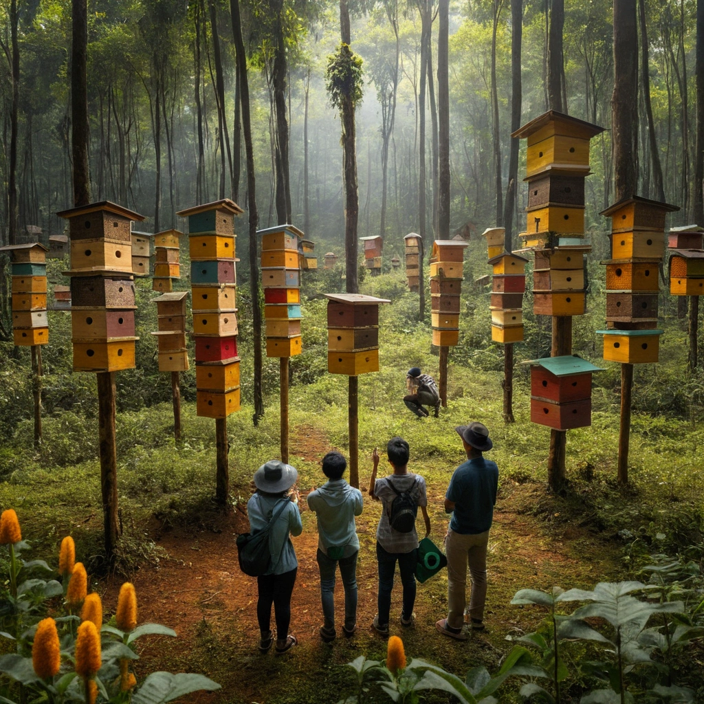 4 Indonesian youth saw hundreds of melipona bee houses in the form of small boxes displayed on wooden poles.  the atmosphere in the forest where the melipona bee farm is located. All around were flowers scattered on wild trees.