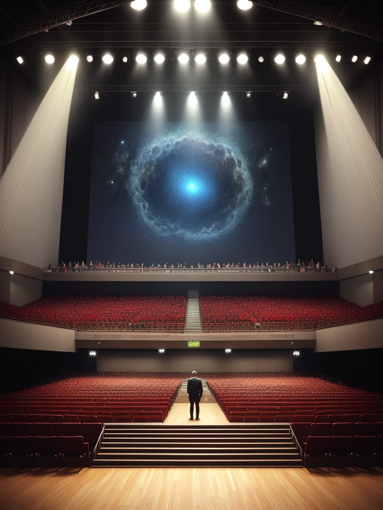 Highest quality　Like the picture　８K　Contemporary music concert　The concept is a journey down memory lane　Concert Venues　Gear-like decoration　A mysterious space　Large curtain-like decoration　A slightly closed space　The venue is small