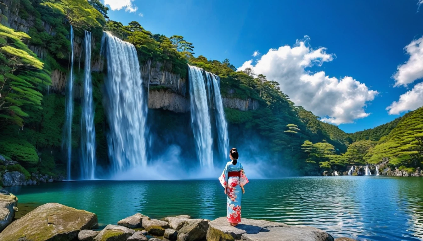 HDR image of a breathtaking tall waterfall cascading into a lake, blue sky clouds, a Japanese woman, 1 detailed face, in kimono stands by the lake, unique beauty. The sky above is a light, bluish hue with just a few clouds., adding a peaceful setting to the scene. The hyper-detailed waterfall is the focal point, capturing the viewer&#39;s attention with its powerful flow, yet calming. Ao redor do lago, lush trees and vibrant flowers for natural splendor, enhancing the overall feeling of calm and beauty of the setting.