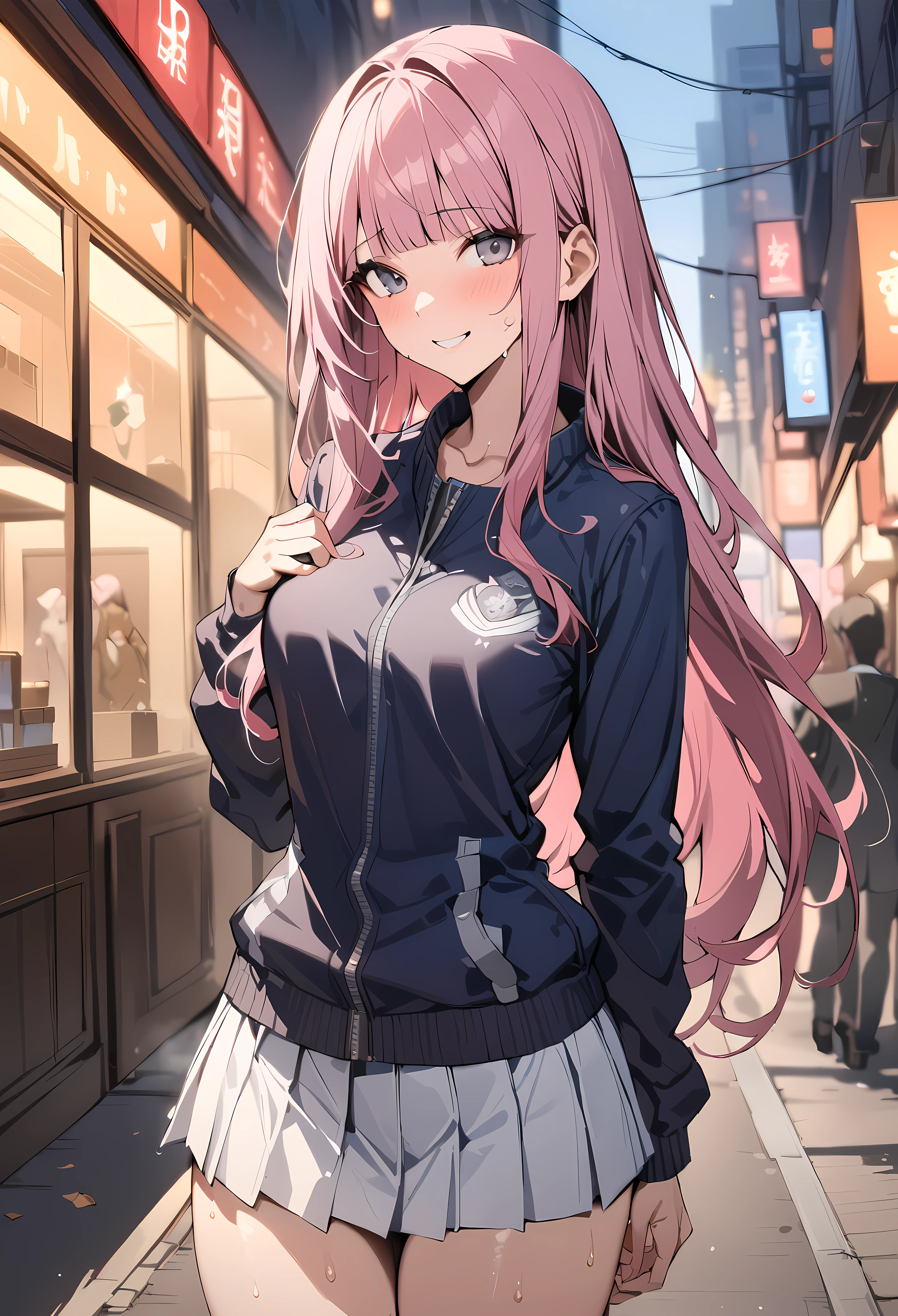 ((masterpiece,Highest quality:1.3,best quality illustration)),cowboy shot,solo,1woman,(Mature Beauty),pink hair,low ponytai,long hair,bangs,gray eyes,(gorgeous eyes),((very small head)),smile,((very long body,skinny)),medium breasts,((Navy blue baseball jacket、White pleated mini skirt)),gleaming skin,oily skin,slender body,sweat,standing,on street,New York City、