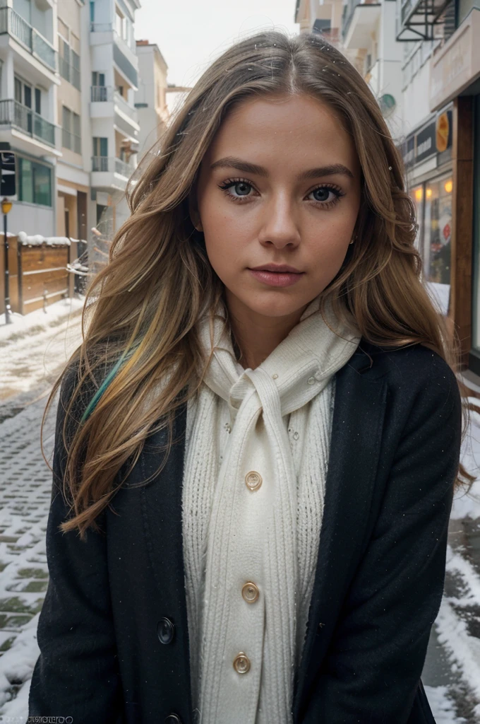 proFessional portrait photograph oF a gorgeous Norwegian girl in winter clothing with long wavy blonde hair, sultry Flirty look, gorgeous symmetrical Face, lindo maquillaje natural, wearing elegant warm winter Fashion clothing, ((parado afuera en una calle nevada de la ciudad)), impresionante entorno urbano moderno, ultra realista, Arte conceptual, elegant, muy detallado, Intrincado, sharp Focus, depth oF Field, F/1. 8, 85mm, tiro medio, plano medio, (((proFessionally color graded))), bright soFt diFFused light, (volumetric Fog), tendencia en instagram, hdr 4k, 8K
