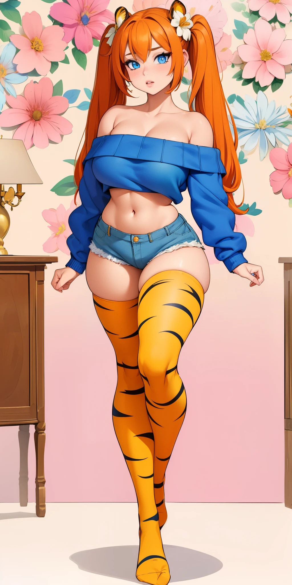((Masterpiece,  flowers background, beautiful romantic room:1,2, masterpiece)) full body standing yellow tiger print stockings, denim shorts, red off-shoulder sweater, navel (Karane) (blue eyes:1.5) orange hair, hair between eyes, long hair twintails