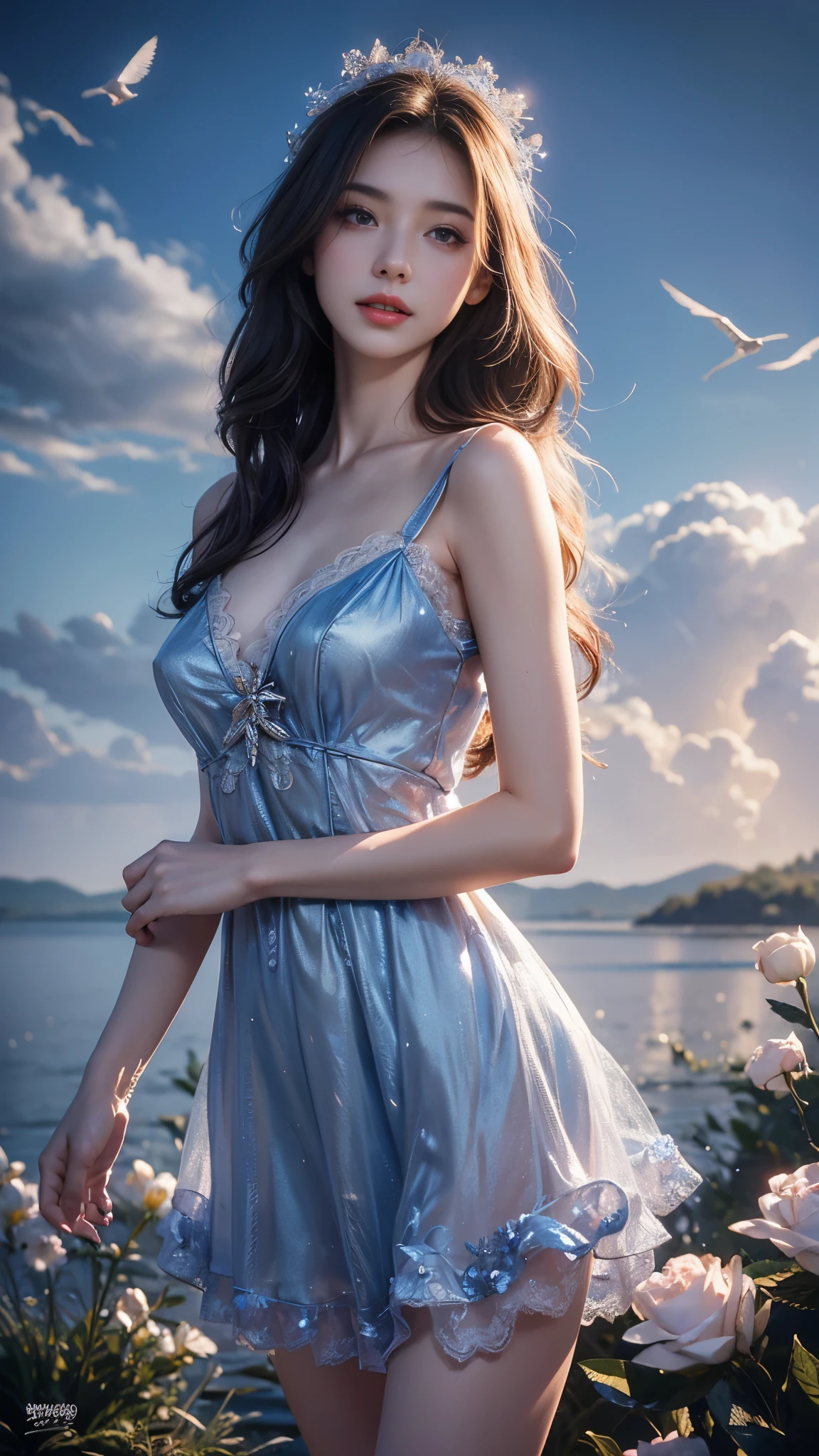 (Highest quality,Very detailed),(Realistic:1.37),Clear water,Blue Butterfly,Beautiful attention to detail,Beautiful lip detail,Sparkling,Airy,Mysterious,Soft sunlight,Calm,Calm,White gauze skirt,Vibrant colors, smile,Dancing on the water's surface