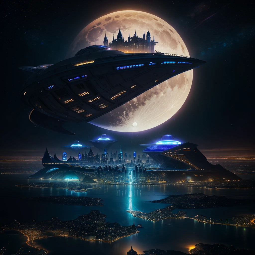 Arafed city in the sky with a moon and planets, ethereal starlit city at dusk, in a science fiction and fantasy city, fantasy cityscape, Highly detailed 4k digital art, fantasy city, in front of a fantasy city, symmetrical fantasy landscape, ancient science fiction city, floating palace, fantasy city background, surreal alien kingdom, floating city in the sky.