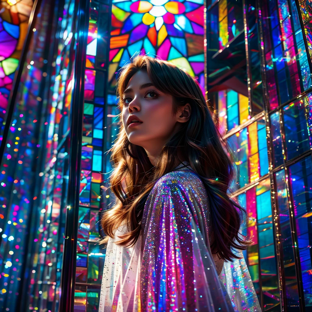 RubyRed (Cathedral from below:1.28) (ZoomLayer) TopQuality 8K masterpiece of ((Professional photo)), (((Clarisse de Cagliostro))) (Detailed White WeddingDresses), Chain, Closeup(((Extremely detailed KAWAII face))) {((VeiledFace))|BlondeHair|(Elaborate BuleEyes)with(SparklingHighlights:1.28)}, The background is distant (((Elaborate stained glass))) Rainbow Glass, {(MysticSight)|EnchantingAtmosphere|Haze|(GodRays)|TyndallEffect}, Radiant PearlSkin with Transparency, (Exposed:0.39)